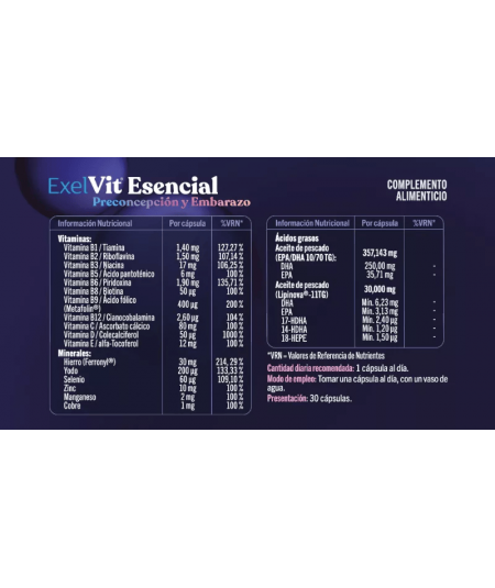 Exelvit Esencial 30 Cápsulas preconcepción y embarazo